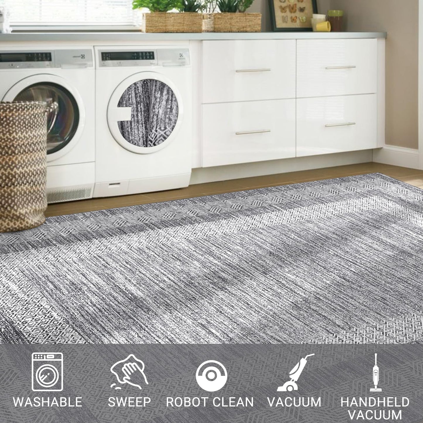 GarveeHome Modern Geometric Area Rug 5x7 Distressed Bordered Rug Washable Non Slip Floor Carpet Non Shedding Thin Rug, Soft Low Pile Rug, Contemporary Gray Rug for Dining Room, Living Room