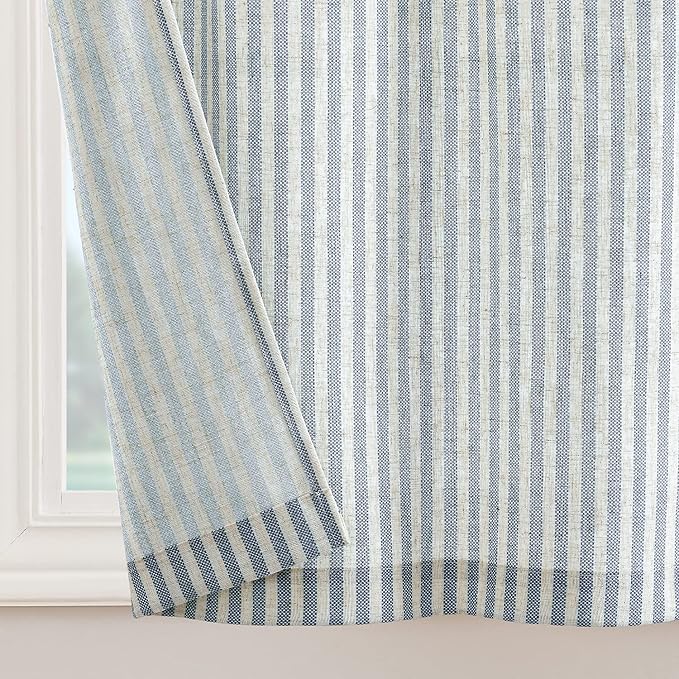 jinchan Tie Top Linen Kitchen Curtains 36 Inches Striped Tier Curtains Farmhouse Modern Cafe Style Small Window Treatments Airy Light Filtering Rod Pocket for Living Room Bathroom 2 Panels Blue