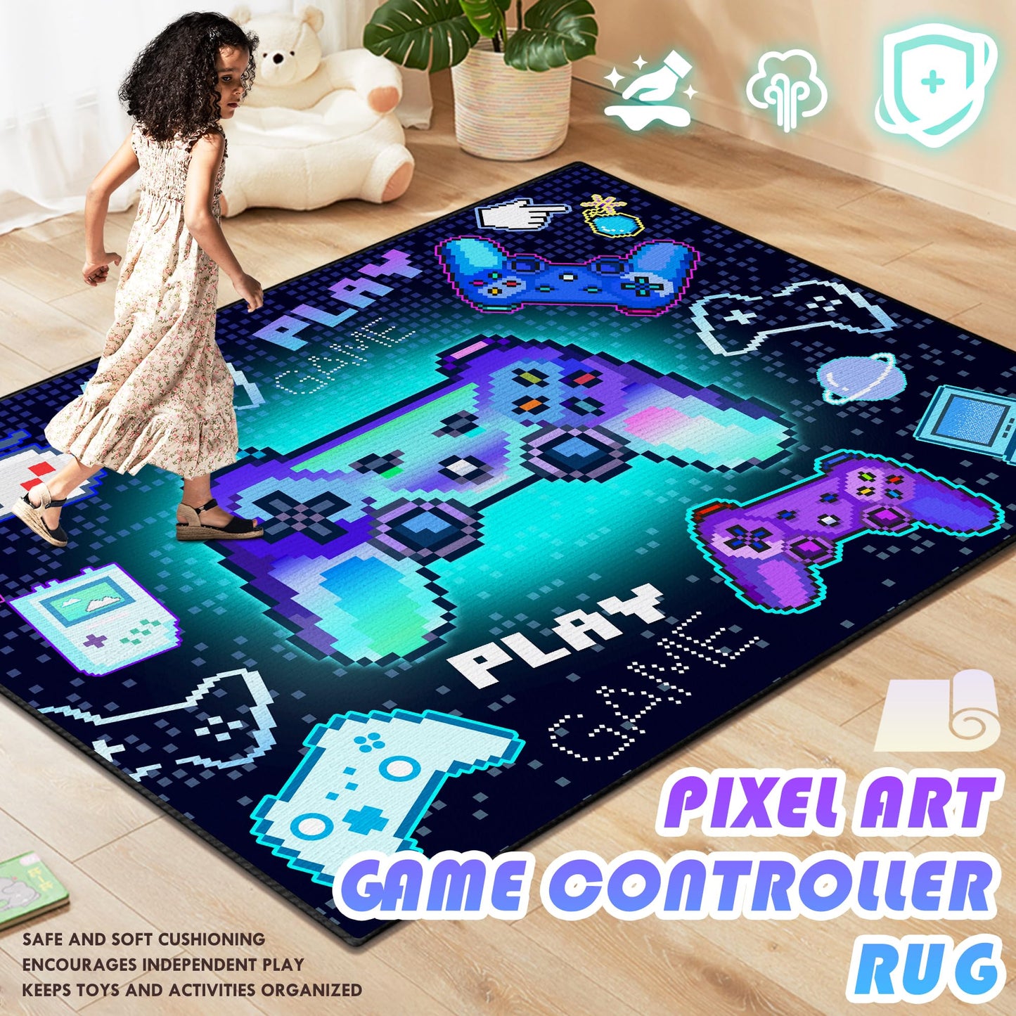 Didswuit Gaming Play Rug for Bedroom, 5'x 6'6" Whimsical Game Controller Mat Pixel Gamepad Carpet for Playroom, Gamer Décor for Game Lover Washable