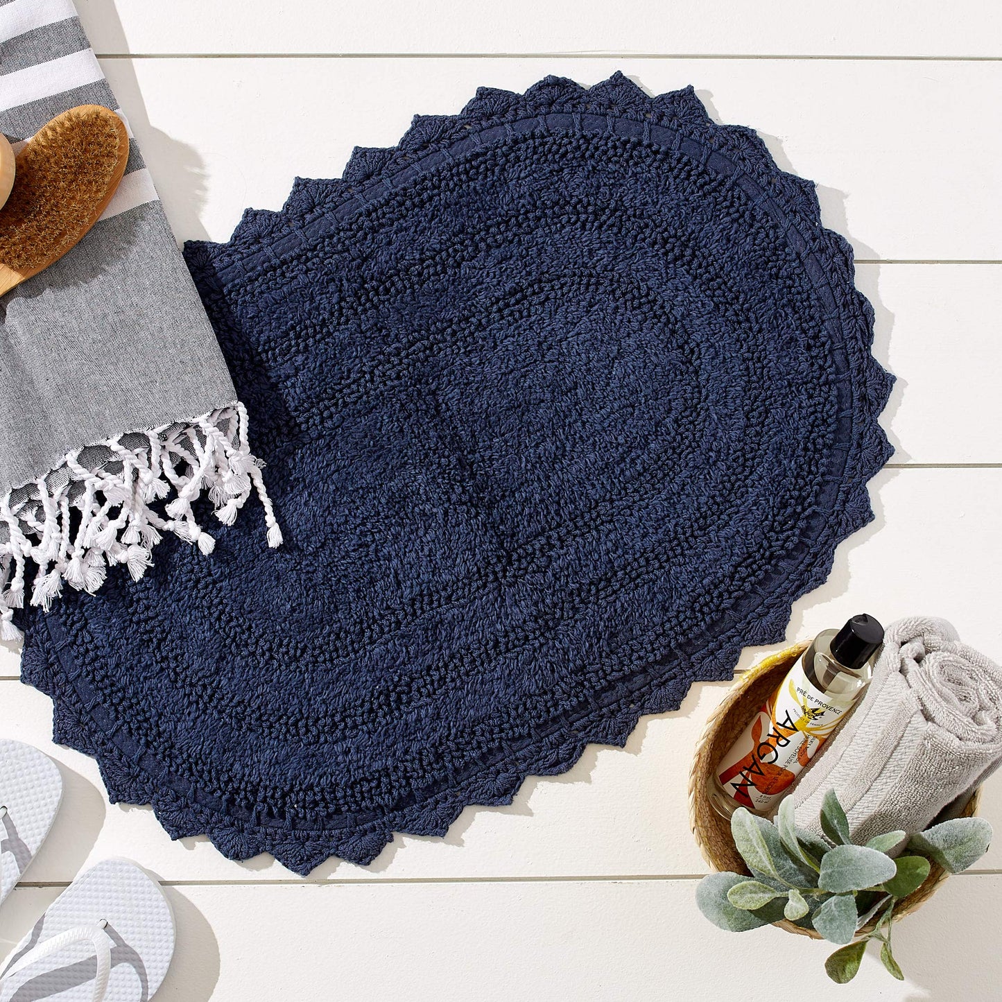 DII Crochet Collection Reversible Bath Mat, Small Oval, 17x24, French Blue