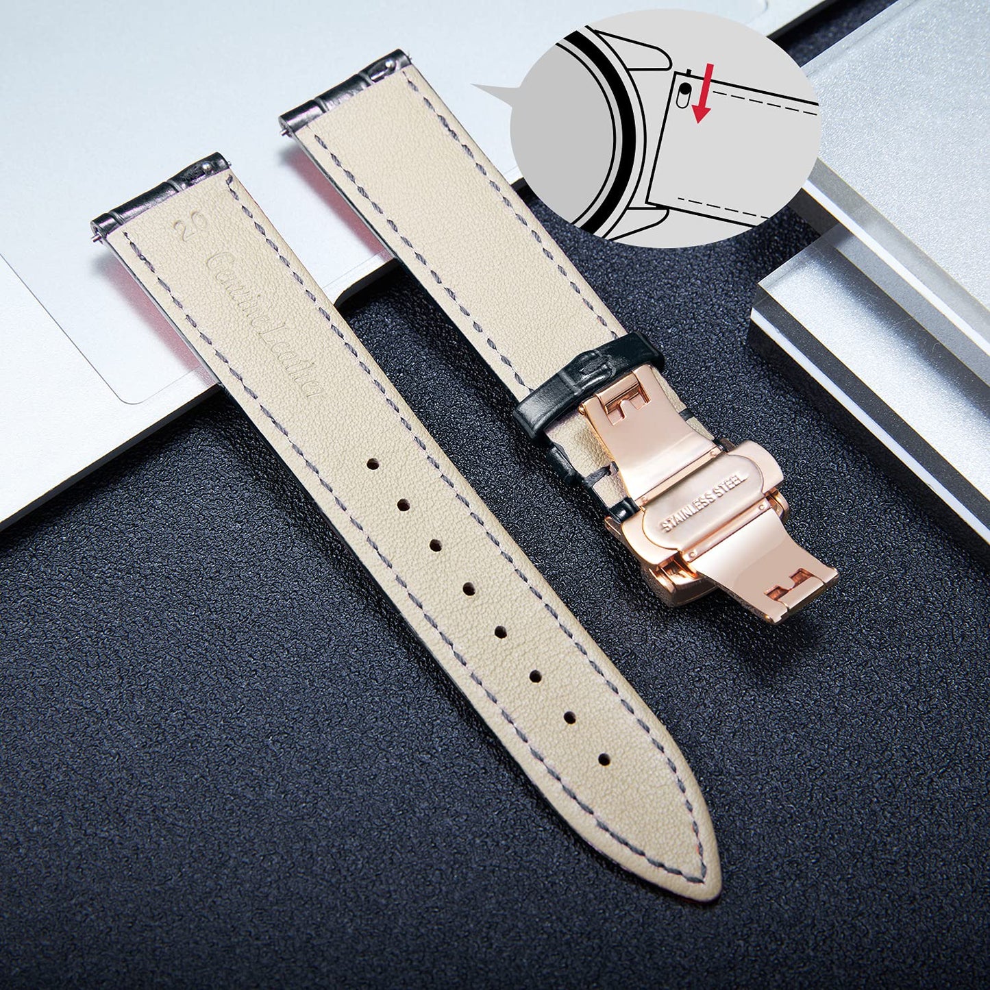 BINLUN Leather Watch Strap, Quick Release Genuine Leather Replacement Watch Band with Butterfly Deployment Buckle for Men and Women, 12mm-24mm(Black-Rose Gold,18mm)
