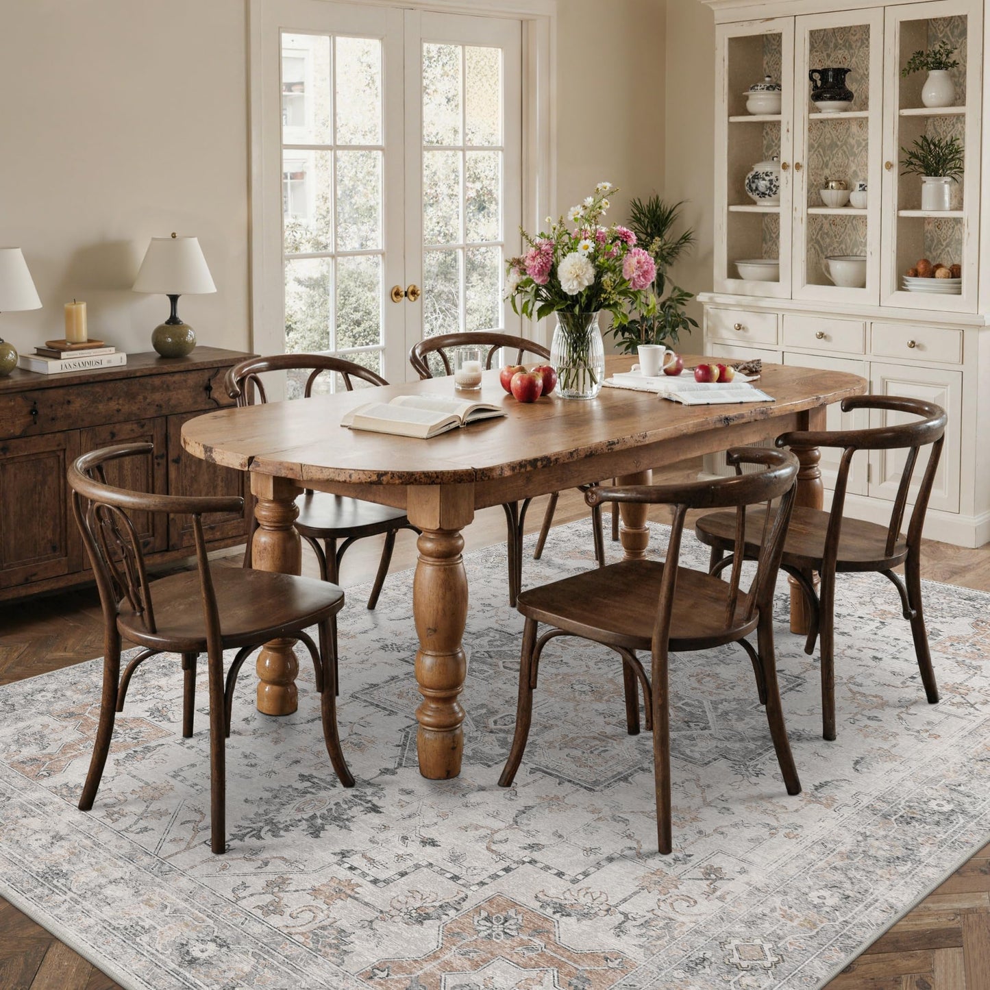BESBLEE 8x10 Area Rugs for Living Room, Machine Washable Non Slip Vintage Rugs, Low Pile Lightweight Print Rug for Bedroom, Dining Room, Home Office, Light Taupe Brown