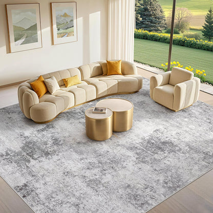 Tortania Washable 10x14 Area Rug for Living Room: Modern Abstract Neutral Large Soft Thin Rugs - Non Slip Indoor Carpet for Bedroom Dining Room Office Nursery Home Floor Decoration - Smoky Gray