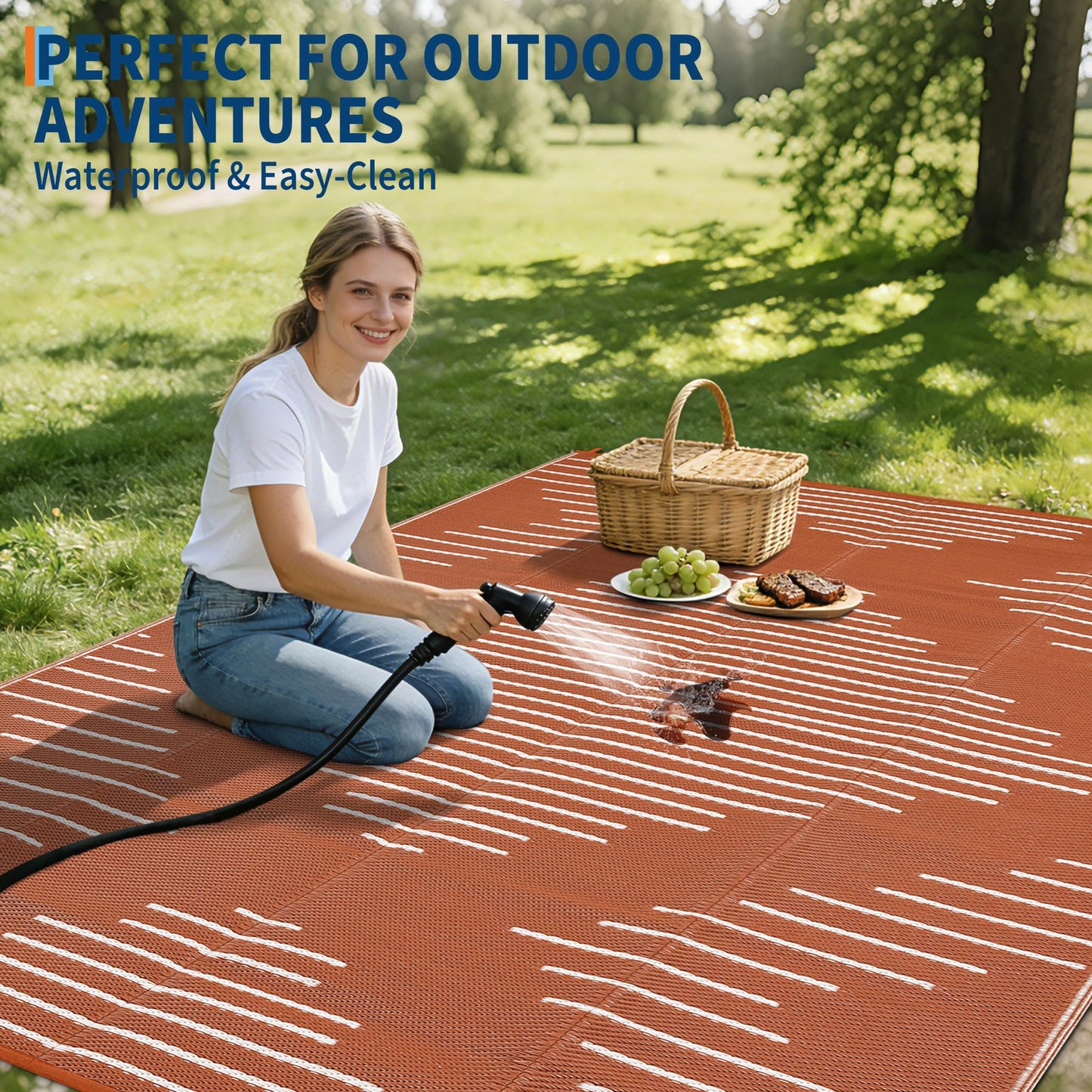 Garvee 6x9 Area Rugs Plastic Reversible Patio Rugs Outdoor Waterproof Easy-Cleaning Large Floor Mat for Outdoors Backyard Porch RV Beach Picnic Terracotta White