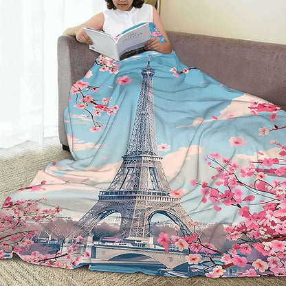 Blanket Eiffel Tower Lightweight Soft Throw Blanket for Girls Teens Women, Cherry Blossoms Fuzzy Blanket Home Room Decor 50x60 Inches