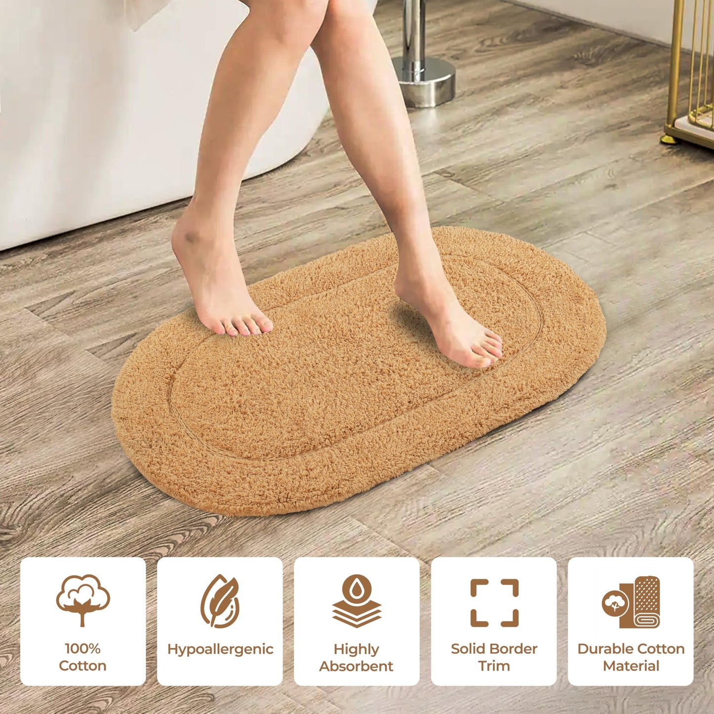 Superior Non-Slip 2 Piece Bath Rug Set, Ultra Plush, Soft and Absorbent 100% Combed Cotton Pile - Traditional Oval Bath Mat Set, Toast