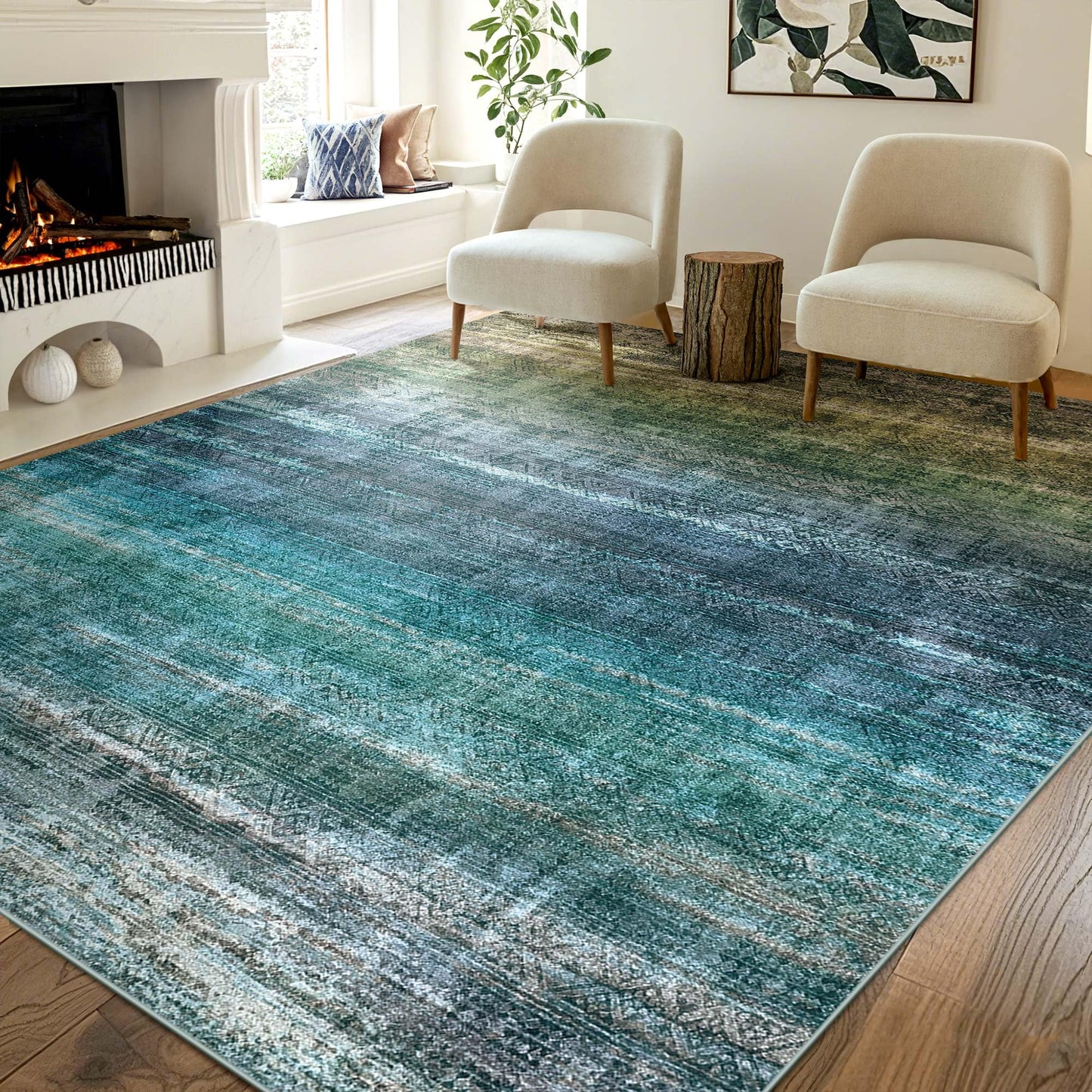 Kokia Abstract Teal Area Rugs 6x9 Boho Washable Distressed Retro Indoor Floor Rug Multicolor Low Pile Non-Slip Non-Shedding Carpet Bedroom Living Room Dining Room, Blue and Green