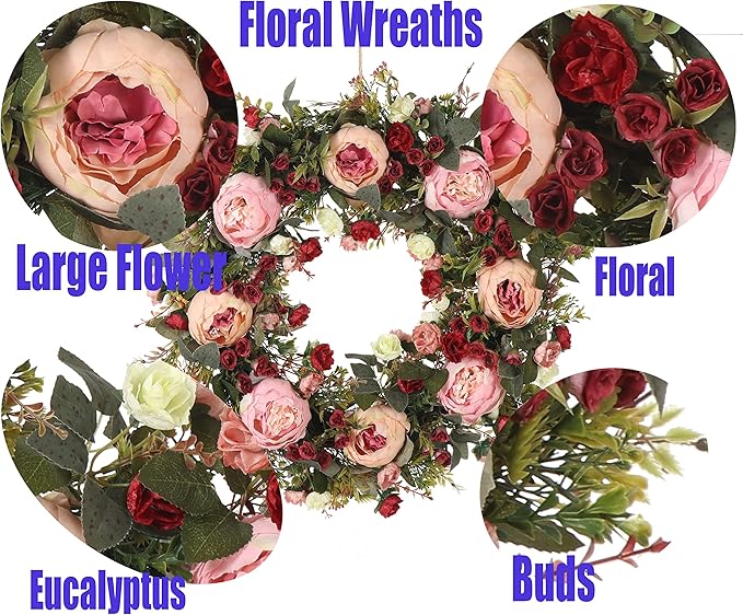 Spring & Summer Wreath, 24in Round, Red Silk & Grapevine, Door Mount, Seasonal Decorative