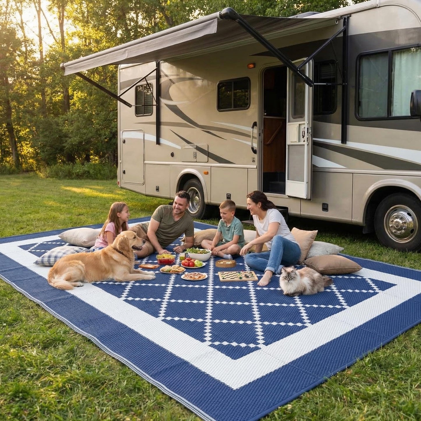 GAOMON Outdoor Rug 8x10 Patio Waterproof Reversible Plastic Straw Rug, Large UV-Resistant Portable RV Camping Mats with 4 Stakes & Carry Bag Boho Geometric Carpet for Outside Deck Porch Garden, Navy