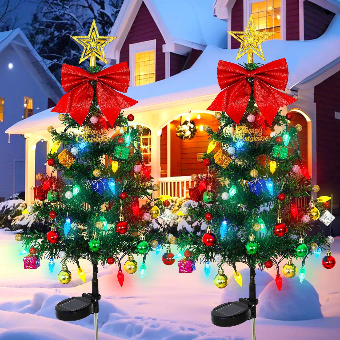 LOMOHOO 2 Packs Solar Christmas Tree 35.8in Outdoor Prelit Lighted Christmas Tree 2 Flashing Modes Solar Xmas Trees with 40 LED Lights for Holiday Porch Yard Garden Patio Cemetery Pathway
