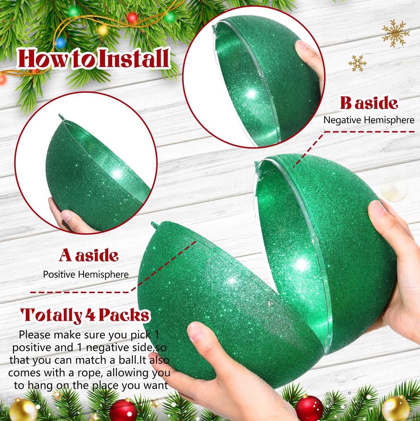 Zubebe 2 Pcs 8" Giant Fillable Christmas Ornaments with Ribbons Oversized Plastic Xmas Balls for Outdoor Lawn Yard Decor, Tree Hanging, Holiday Gifts(Glitter Green)