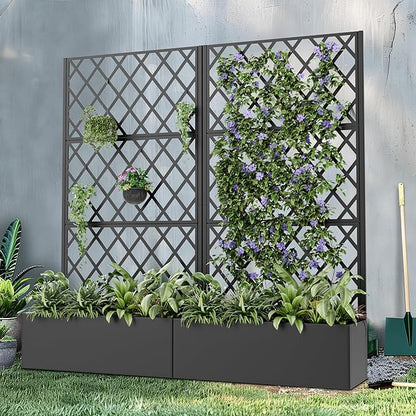 Casaphoria Metal Raised Garden Bed with Trellis and Wheels, 72"x35"x16" Planter Box for Climbing Plants, Vegetables & Vines, Features Drainage Holes and Privacy Screen (Black-Rhombus)