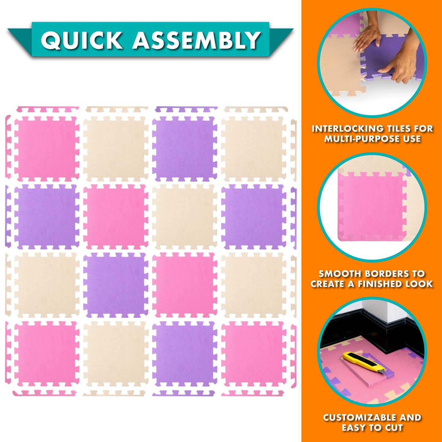ProSource Baby Play Mat, Soft Foam Floor Tiles for Kids, Interlocking EVA Panels for Playpen Use, Crawling Development Surface, Safe Non-Toxic Toddler Flooring, 16 Tiles, Pink/Purple/Beige