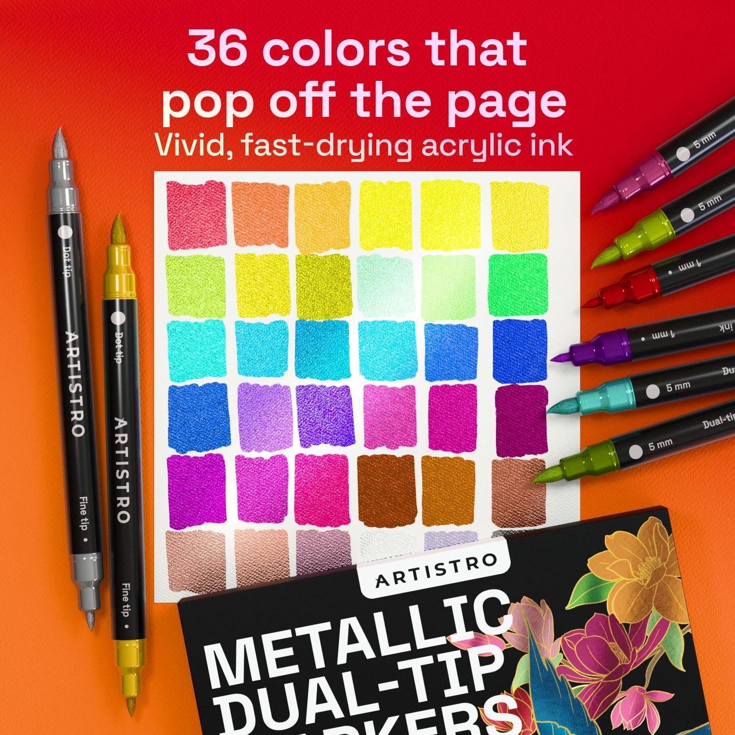 ARTISTRO 36 Metallic Acrylic Paint Markers - Paint Pens for Drawing, Brush + Fine Tips - For Fabric, Rock, Glass, Wood, DIY - Art & Craft Supplies for Adults, Teens, Kids - Teacher Appreciation Gift
