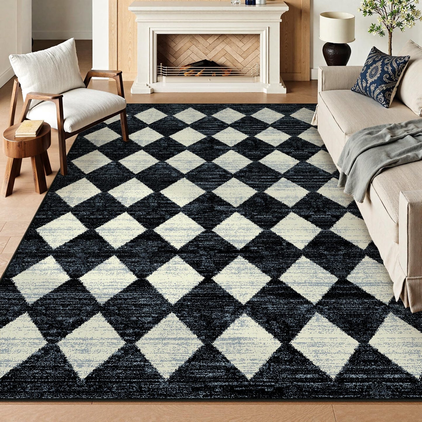 Lahome Zelie Checkered Washable 8 x 10 Area Rugs for Living Room, Black Bedroom Rug 8x10 Under Bed, Geometric Trellis Soft Ultra-Thin Indoor Carpet for Dining Room Dorm Kids Playroom (8'x10',Black)
