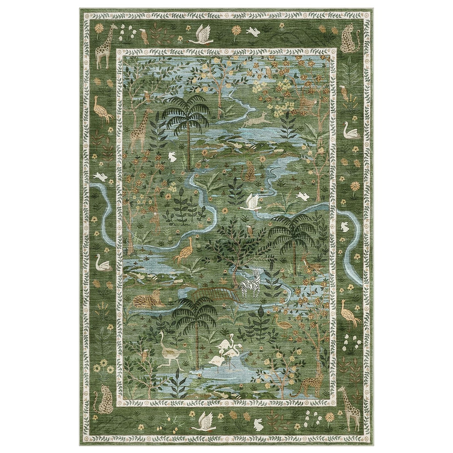 Washable Area Rug 5x7 Green Animal Print Rugs for Nursery Non Slip Stain Resistant Forest Fairy Tale Throw Carpet Low Pile Whimsical Safari Area Rugs for Entryway Girls Bedroom Dining Room, Green