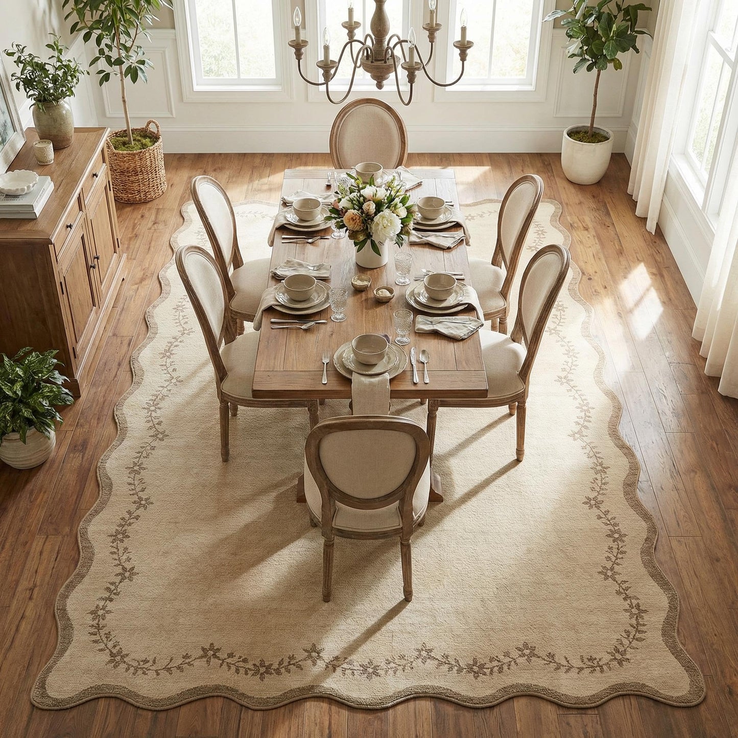 GarveeHome Scalloped Area Rugs 8x10 for Living Room, Solid Tan Jute Large Washable Rug Soft Non Slip Backing Floor Mat Carpet Indoor Thin Rug for Bedroom Dining Room Playroom Nursery Home Decor