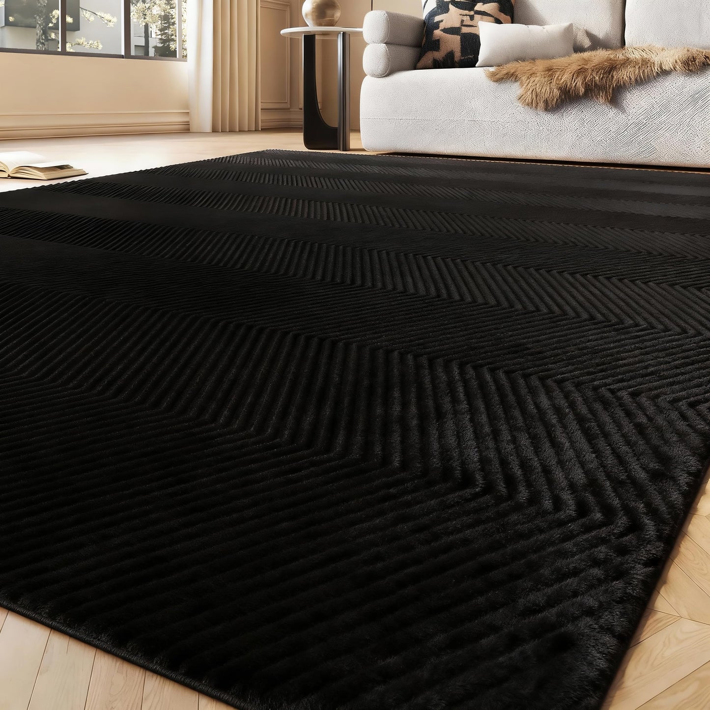 CASTLYE Area Rug for Living Room - 3x5 Soft Faux Rabbit Fur Modern Geometric Wave Carpet for Bedroom, Black