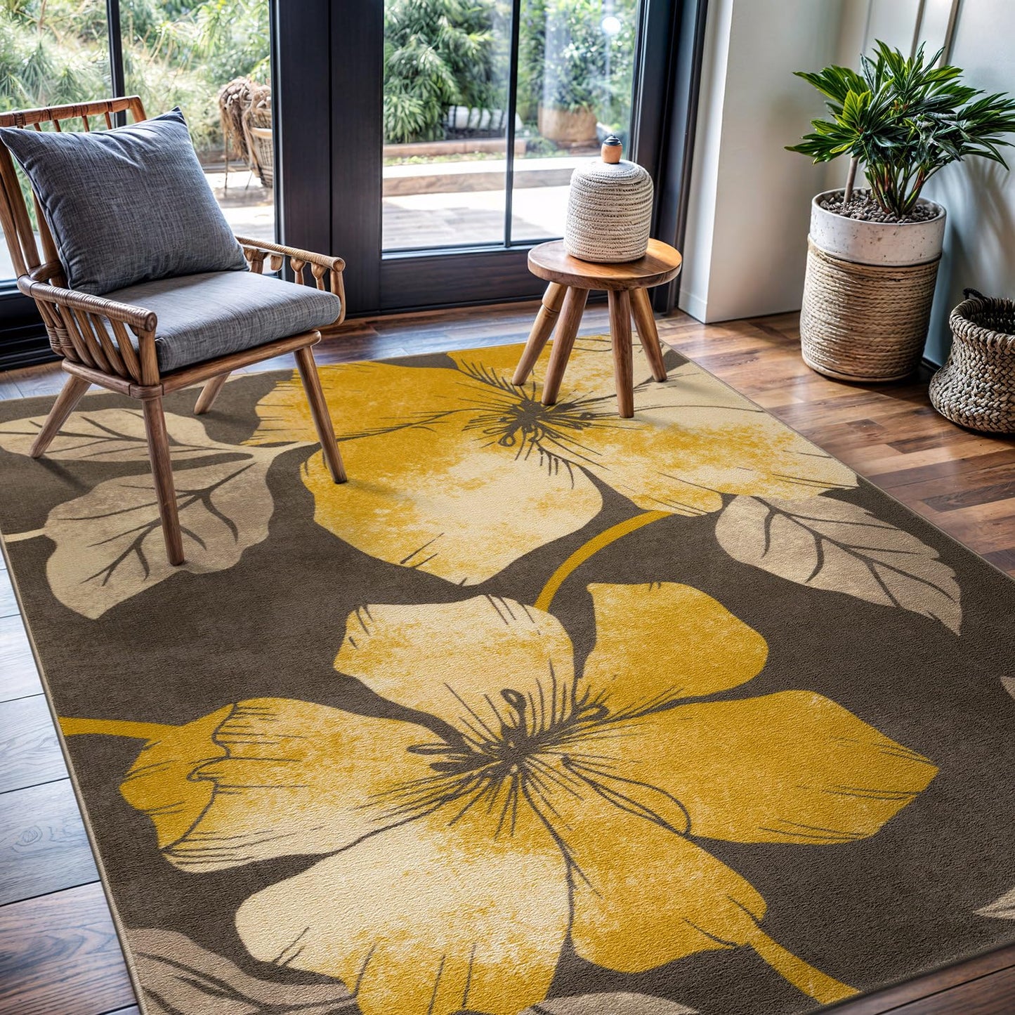 CAMILSON Solana Modern Floral 5x7 Area Rugs Non-Skid (Non-Slip) Rubber Backing Yellow - Brown Flowers Indoor Rug (5 x 7, Yellow Brown)