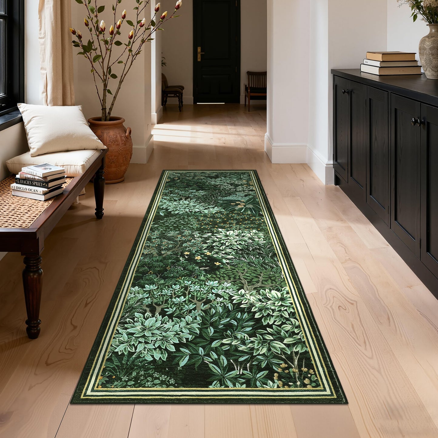 GarveeHome Forest Runner Rug, Green Washable Runner Rug 2x6 for Kitchen, Botanical Low Pile Non Slip Stain Resistance Woodland Hallway Rug for Entryway Bedroom Laundry Room