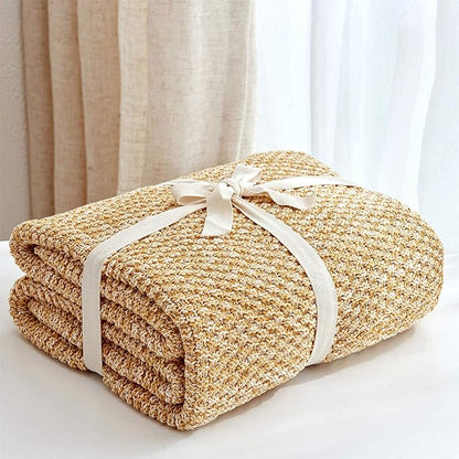 Longhui bedding Gold Knitted Throw Blanket for Couch, Soft, Cozy Machine Washable 100% Cotton Sofa Blanket, 60”x80”, Mustard Yellow and White, Laundry Bag Included