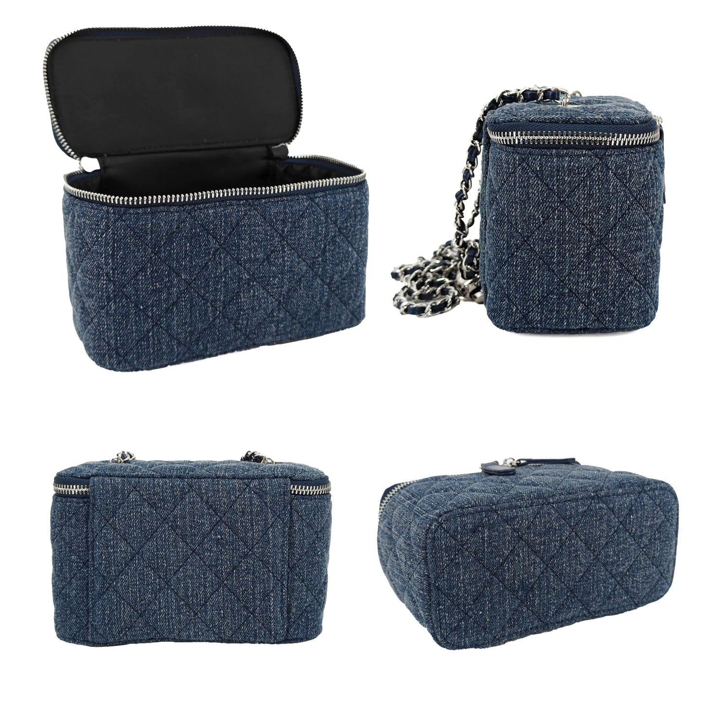 M-ioi-M Quilted Denim Crossbody Bag for Women, Retro Textured Small Jean Purse with Adjustable Silver Chain Strap, Casual Boxy Pouch Shoulder Handbag, Classic Designer Vanity Case Purse (Slub Indigo)