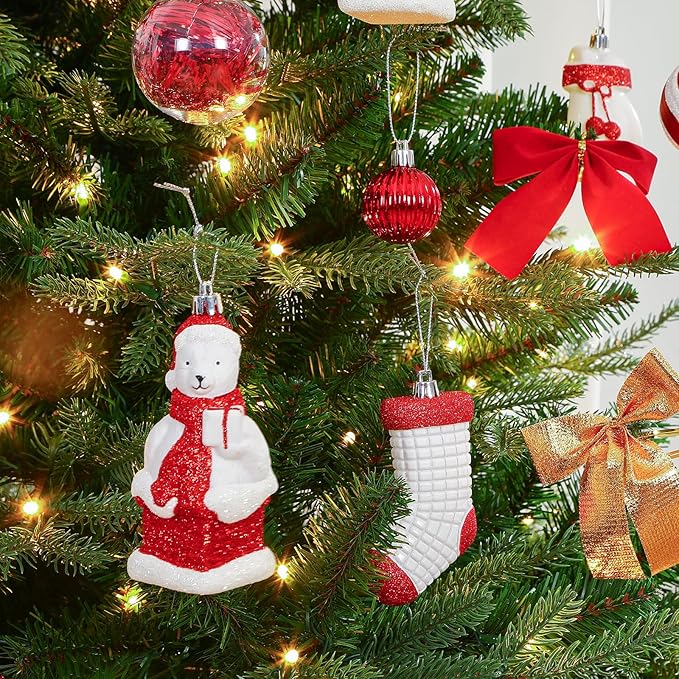 Alupssuc 112pcs Christmas Balls Ornaments Set, Shatterproof Plastic Baubles Christmas Penguin, Polar Bear for Xmas Tree Holiday Wedding Party Decorations with Hanging Strings, Red and White