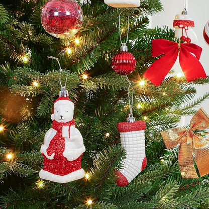 Alupssuc 112pcs Christmas Balls Ornaments Set, Shatterproof Plastic Baubles Christmas Penguin, Polar Bear for Xmas Tree Holiday Wedding Party Decorations with Hanging Strings, Red and White