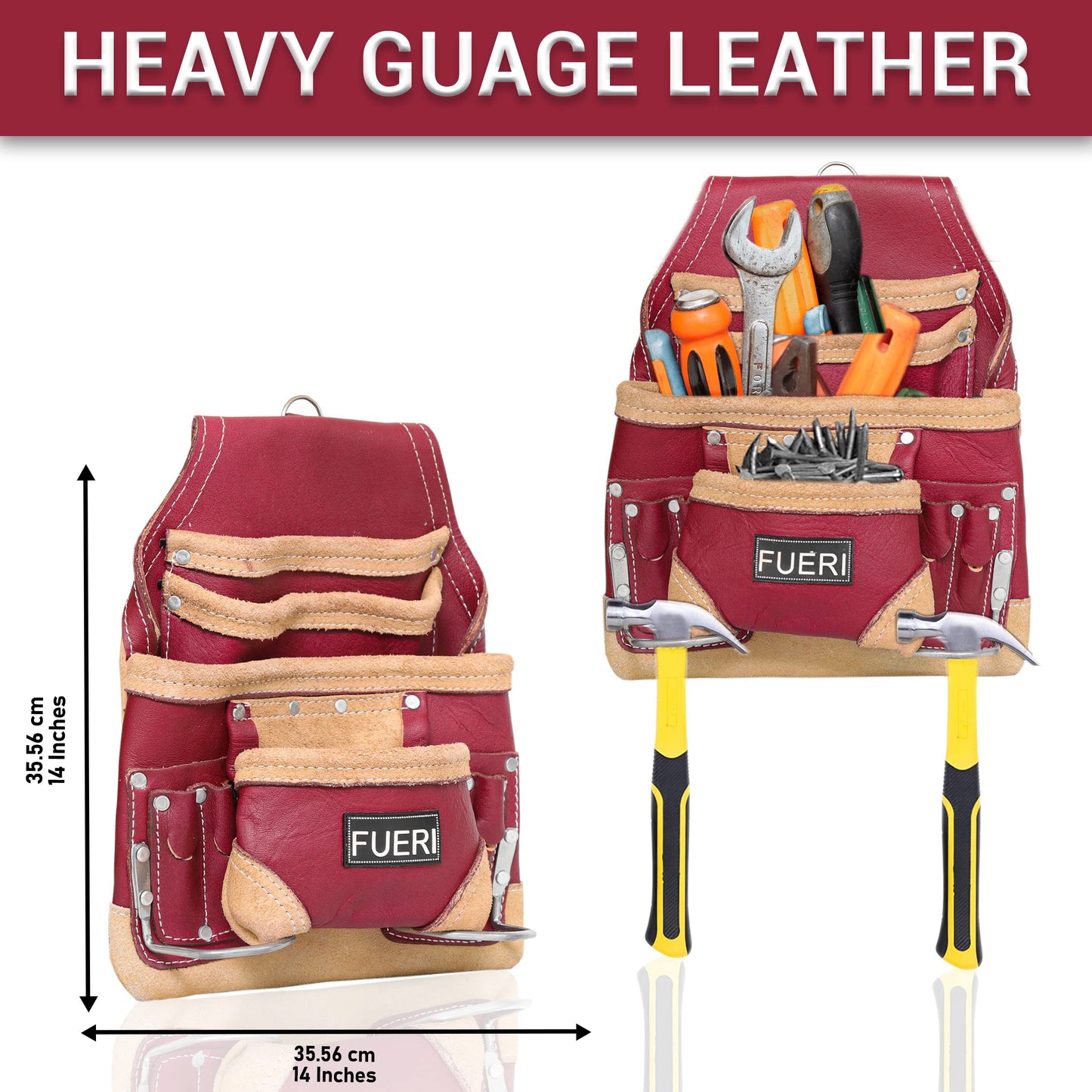 FUERI Leather Tool Belt for Men, 16 Pocket Pro Framing Combo Comes with Heavy Duty Tools Pouches, Triple Hammer holder, Adjustable Padded Belt, and 4 Suspender Loops for Electrician and carpenter's