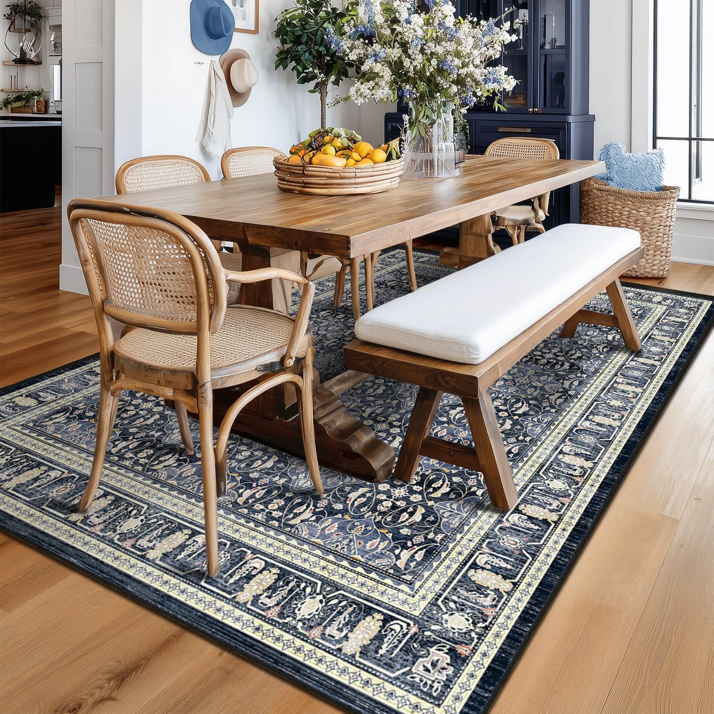 Jainmy Dark Blue Area Rug 6x9, Boho Floral Moroccan Trellis Printed Transitional Style Rugs for Living Room Bedroom, Washable Non Slip Low Pile Thin Carpet Rug for Dining Room Guest Room Home Office