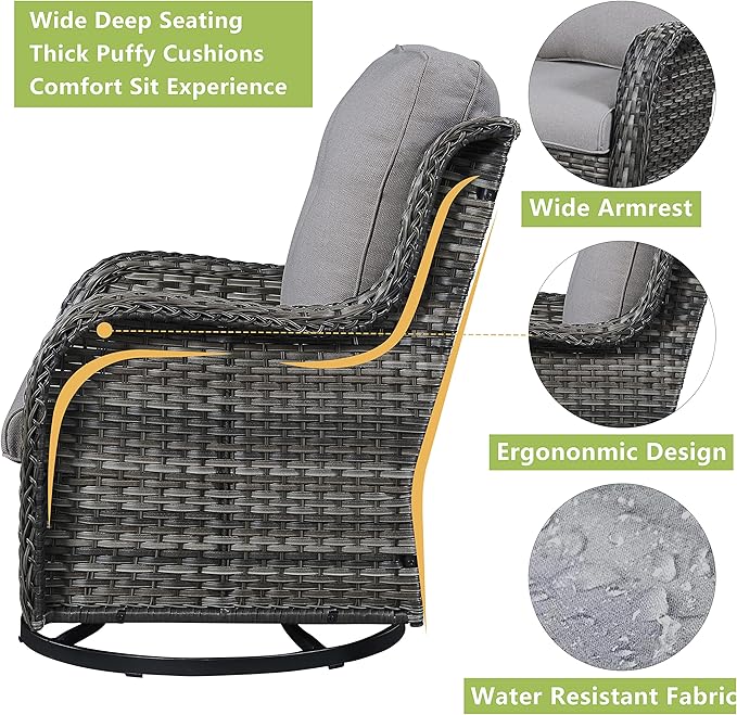 Rilyson Wicker Patio Furniture Set - 6 Piece Rattan Outdoor Sectional Conversation Sets with 2 Rocking Swivel Chairs,2 Ottomans,1 Sofa and 1 Loveseat for Porch Deck Garden(Mixed Grey/Grey)