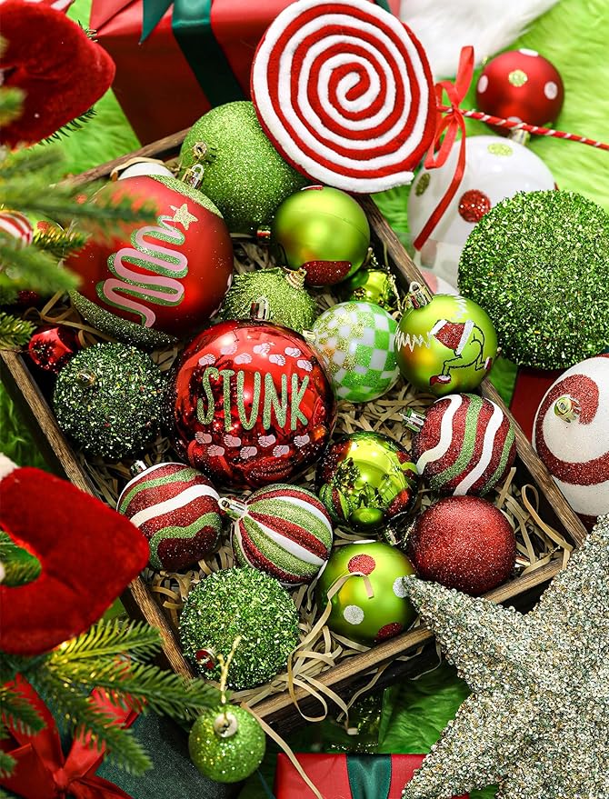 6Pcs Large Christmas Ball Ornaments 4" Lime Green Red and White Xmas Tree Decorations Set Shatterproof Plastic Ornaments for Tree, Hanging Décor for Office Holiday Home Indoor&Outdoor