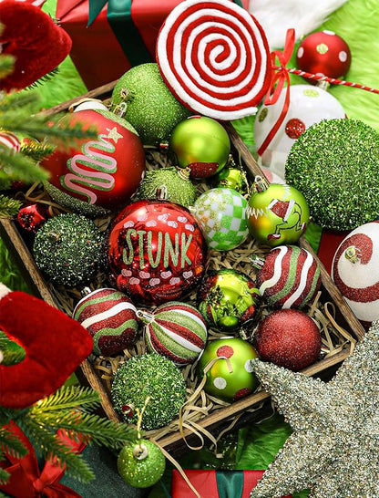 6Pcs Large Christmas Ball Ornaments 4" Lime Green Red and White Xmas Tree Decorations Set Shatterproof Plastic Ornaments for Tree, Hanging Décor for Office Holiday Home Indoor&Outdoor