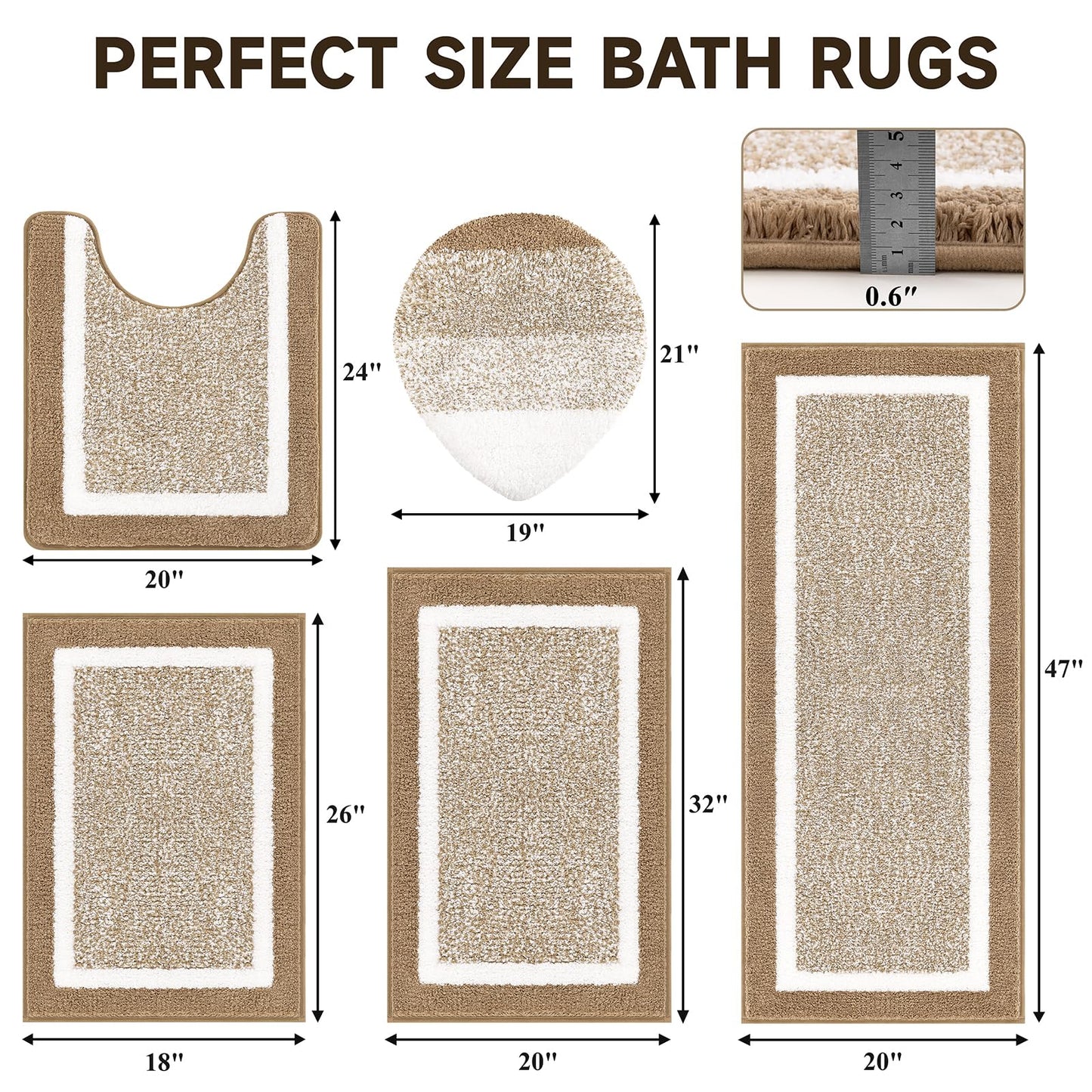 Pauwer Bathroom Rugs Sets 5 Piece Soft Absorbent Microfiber Bath Mat Set Non Slip Machine Washable Rug Plush Shaggy Bath Mats for Bathroom Decor Floor Toilet Tub and Shower, Khaki