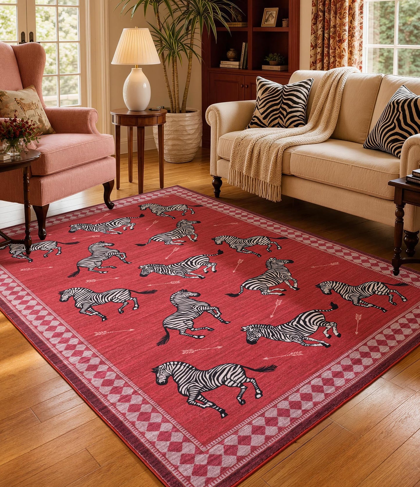 YIHOUSE Red Zebra Area Rugs 5×7, Washable Animal Print Rug with Checkered Border, Non-Slip Low Pile Mid-Century Modern Carpet for Living Room, Bedroom, Dining Room, Home Decor
