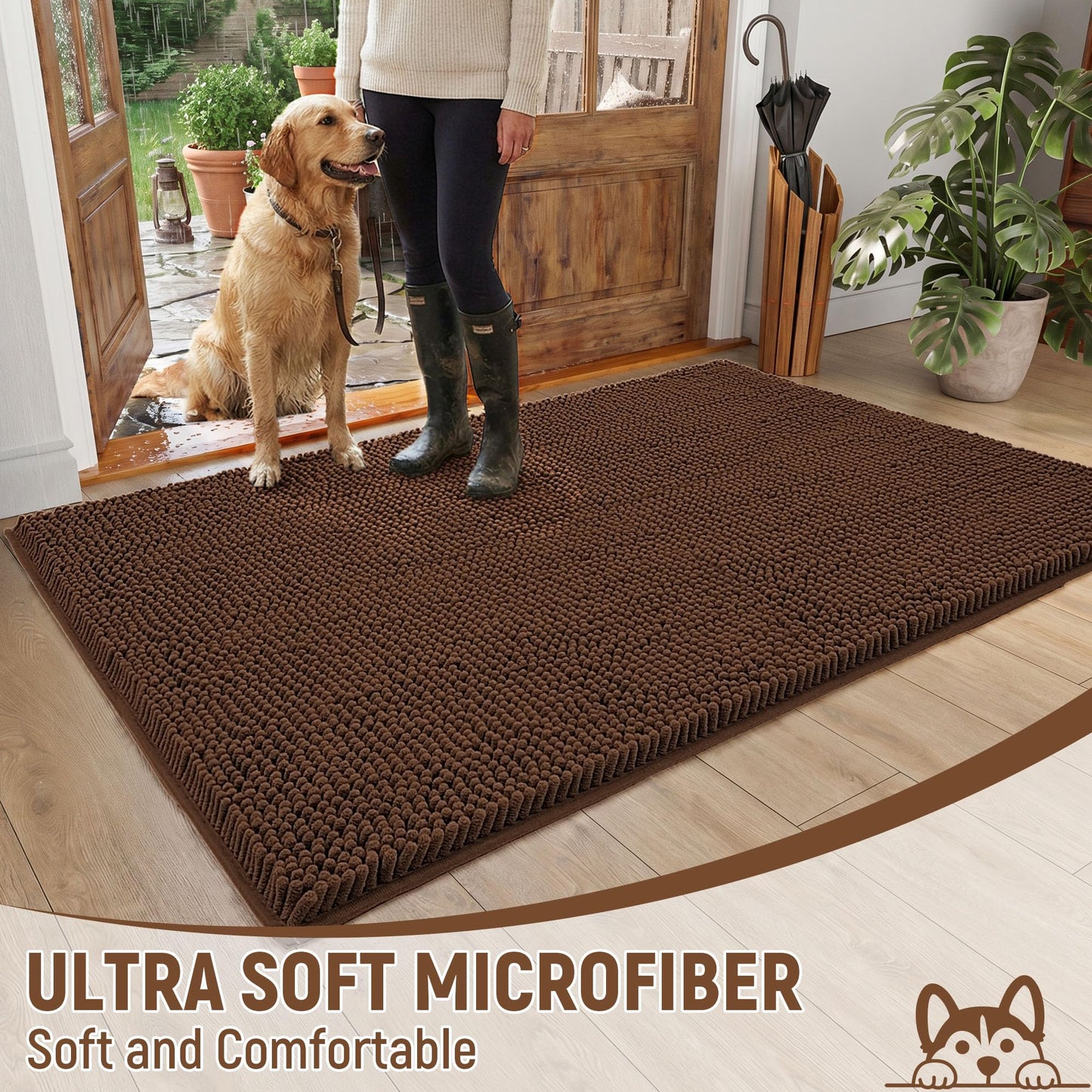 HOMEK Absorbent Dog Door Mat for Muddy Paws, 60" x 36" Chenille Indoor Mats for Entryway, Trap Dirt Front Door Mat Indoor Entrance Washable Non Slip Soft Brown