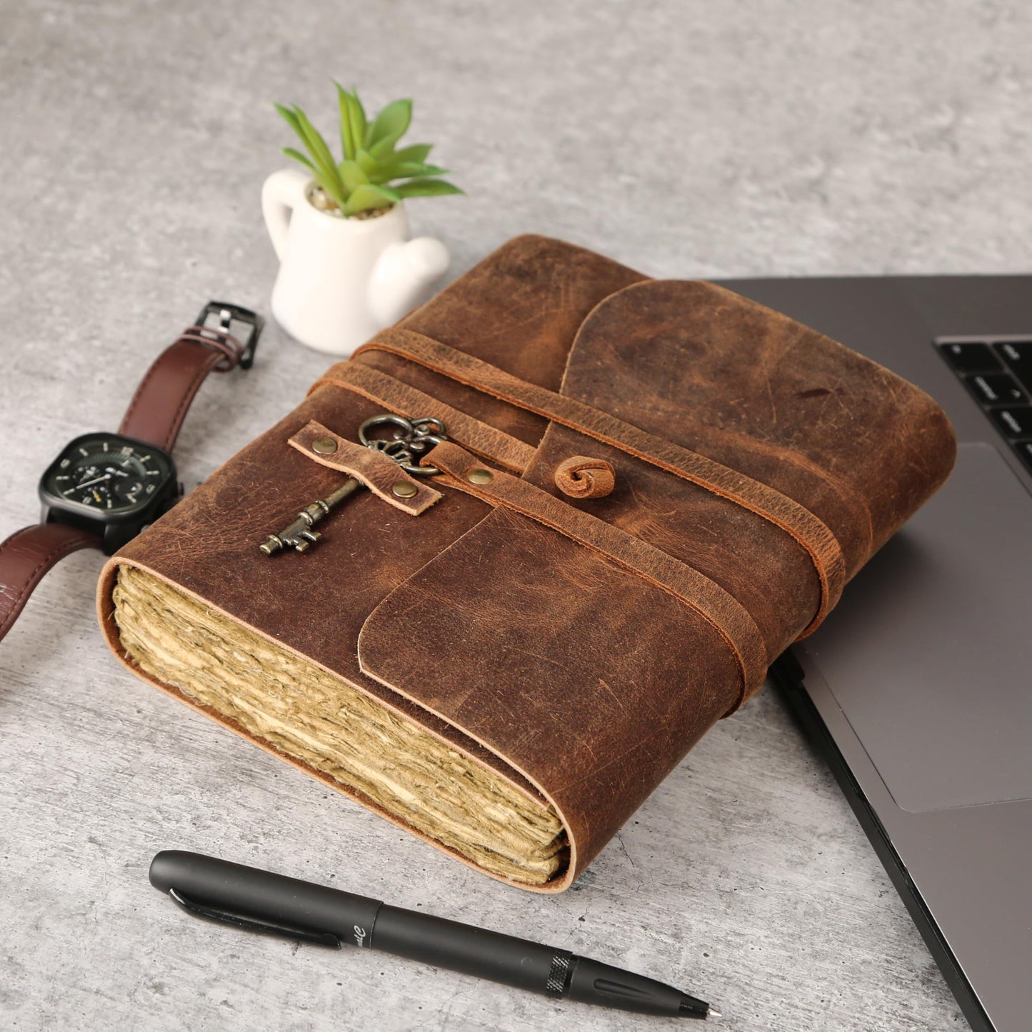 Leather Journal with Deckle Edge Paper 8x6 inch and Vintage Key | Handmade Writing Notebook Diary | Bound Daily Notepad for Men & Women Medium, Sketch/Writing pad for Artists