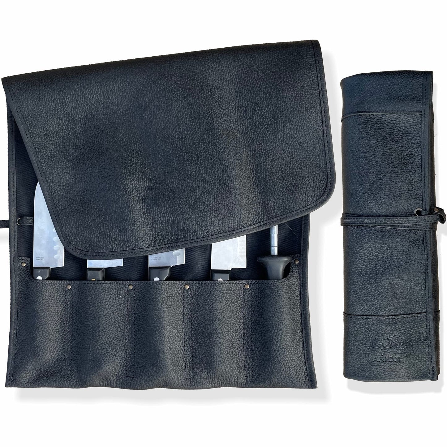 MARION - LA PETITE - Genuine Calf Top Grain Black Leather - Handcrafted Professional Chef's Knife Storage Roll Bag - 5 Pockets