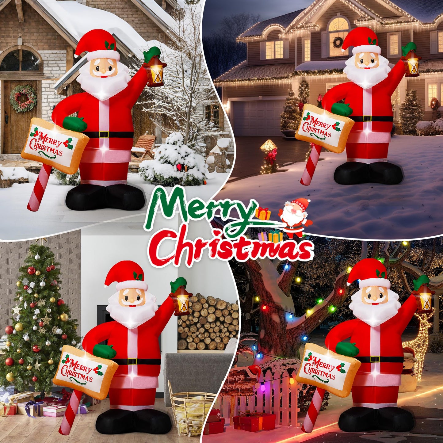7FT Christmas Inflatables Santa Claus Outdoor Decorations, Blow up Santa Inflatables Holding Lantern & Merry Xmas Sign with Built-in LED Lights, Outdoor Holiday Yard Decor for Garden Lawn Porch