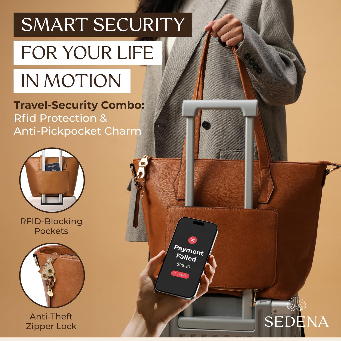 sedena Women’s 16” Laptop Tote Bag – Brown Vegan Leather Work Bag with Cupholder, RFID Pockets, Anti-Pickpocket Zipper, Travel Tote with Trolley Sleeve & Detachable Laptop Sleeve