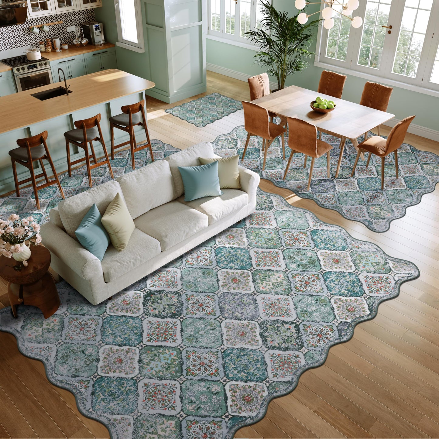 Clemile Moroccan 5x7 Area Rug, Unique Scalloped Ultra-Thin Soft Washable Rug, Non-Slip Stain Resistant Lightweight Low-Pile Carpet for Living Room Bedroom Dining Room Office (Green)