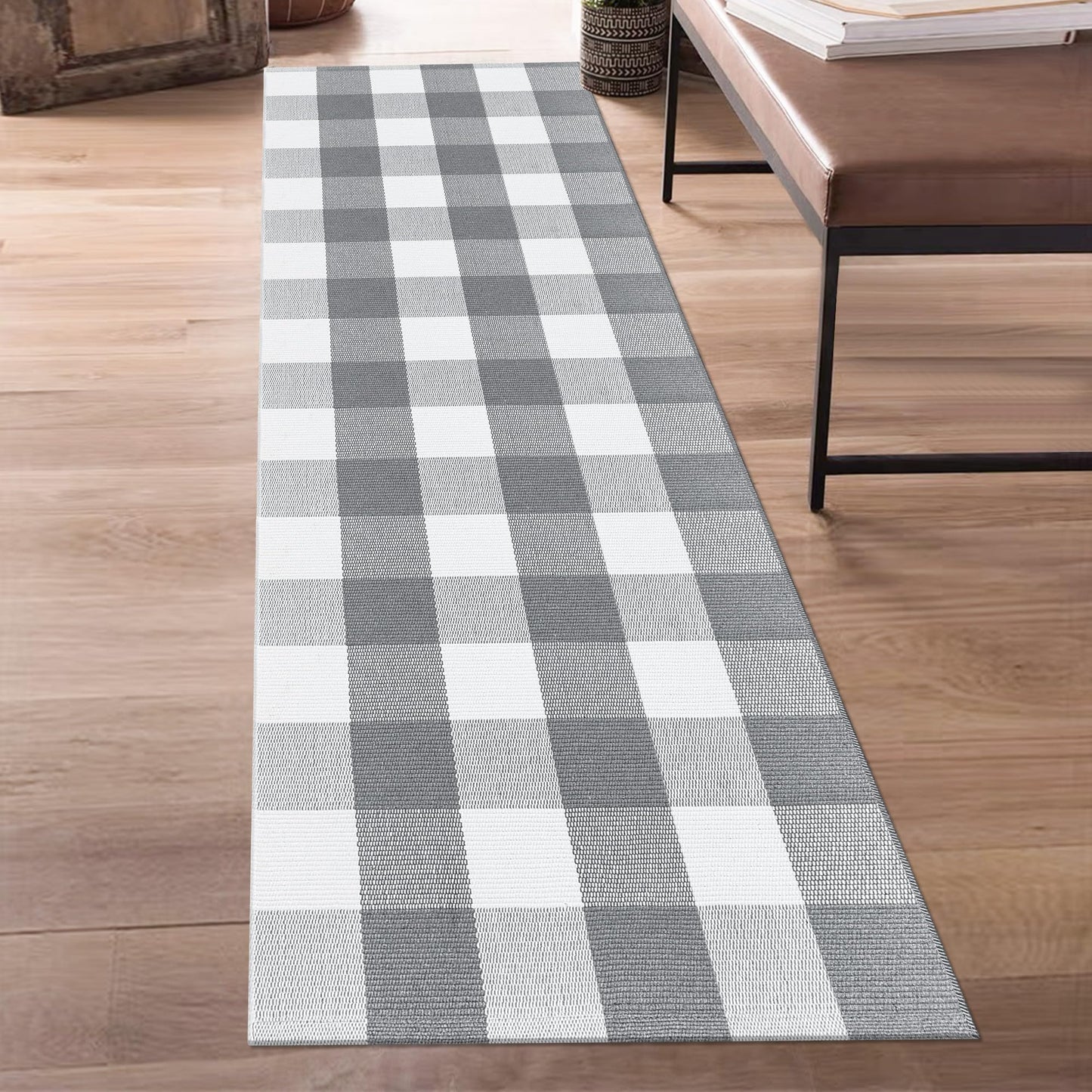 Aoczes Buffalo Plaid Runner Rug 2x6 Feet Grey and White Checkered Runner Rug Cotton Woven Farmhouse Floor Mat Washable Rugs for Hallway Kitchen Laundry Bedroom Living Room
