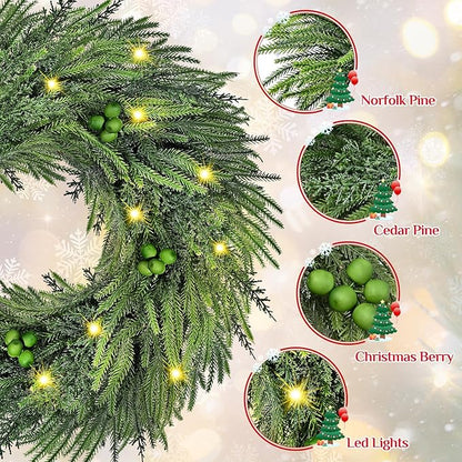 24 Inch Christmas Wreaths for Front Door, 2 Pack Real Touch Norfolk Pine Wreath Large Christmas Wreath with Lights, Winter Wreaths Christmas for Outdoor Indoor Windows Xmas Decor