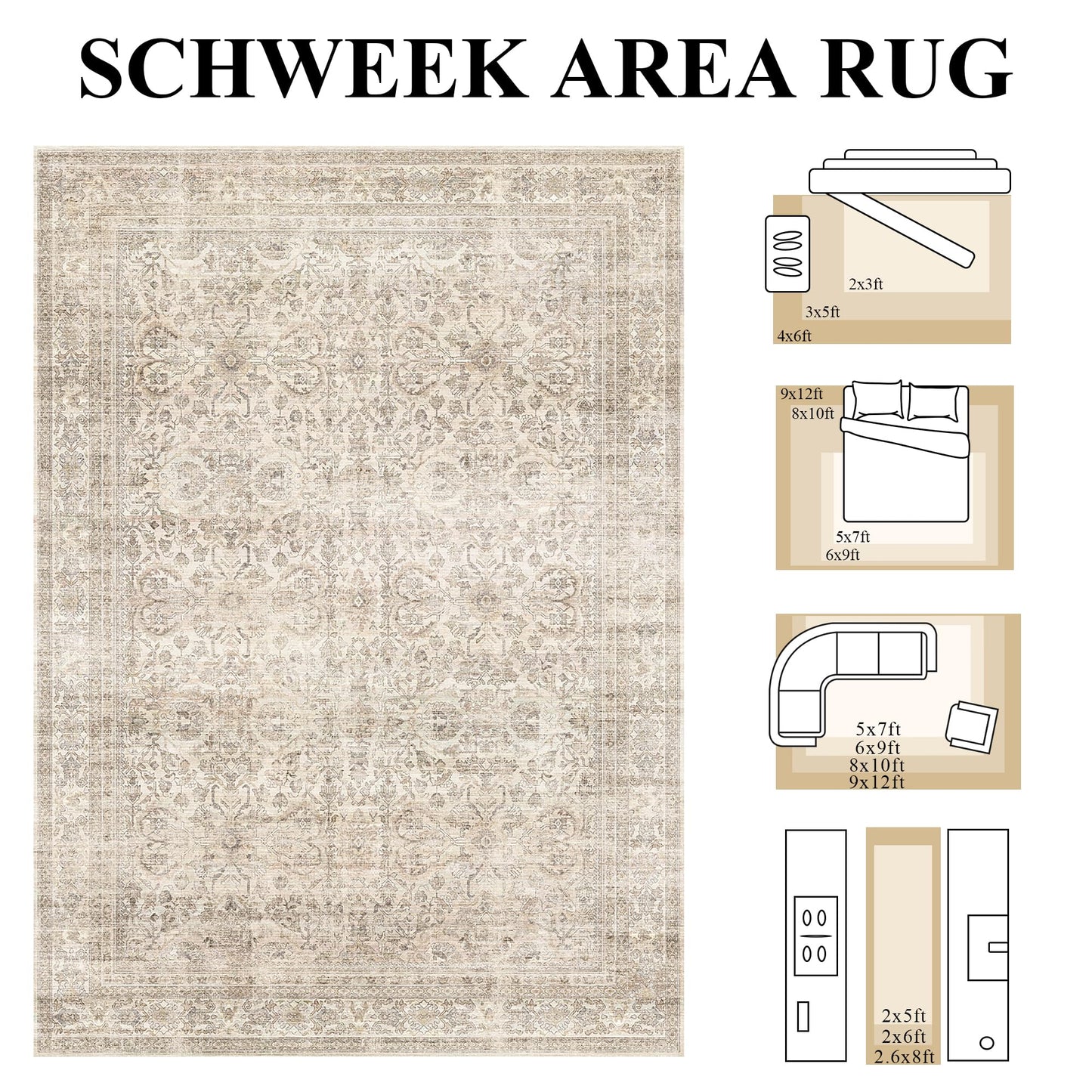 Schweek 9x12 Washable Area Rug Beige Neutral Vintage Distressed Rugs Large Non-Slip Living Room Area Rugs, Soft Low Pile Carpet Indoor Mat Throw Rug for Bedroom Dining Room Office Nursery