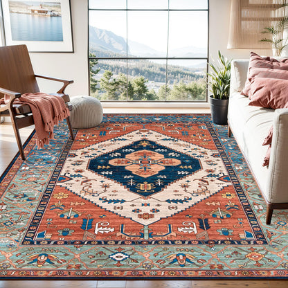 Lahome Oriental Washable Rug 6x9, Non-Slip Ultra-Thin Living Room Area Rug, Stain Resistant Vintage Carpet for Bedroom Dining Room Office Adelyn