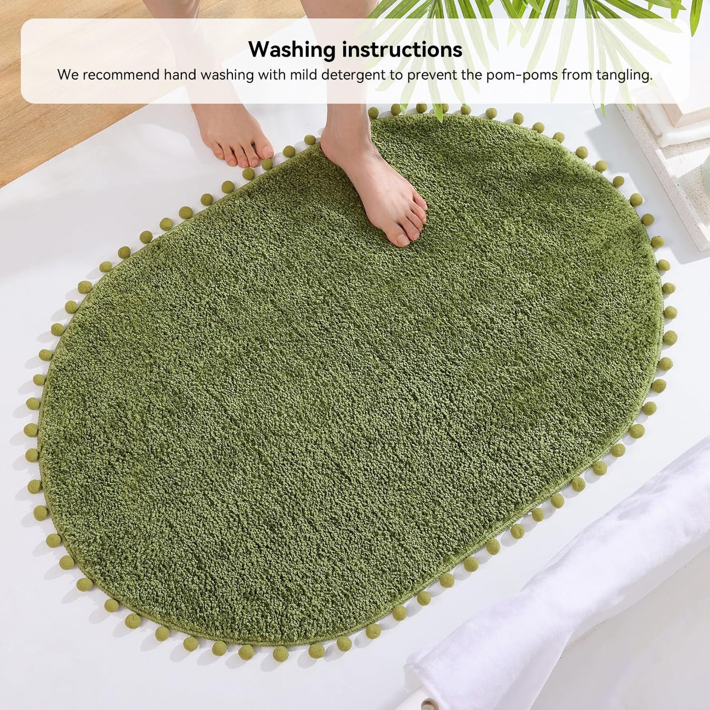 YIRDDEO Bath Mat Olive Green Oval Rug with Pom Bathroom Rugs for Bedroom Non Slip Cute Boho Absorbent Mats Soft Plush Washable Rug (24x36 inches)