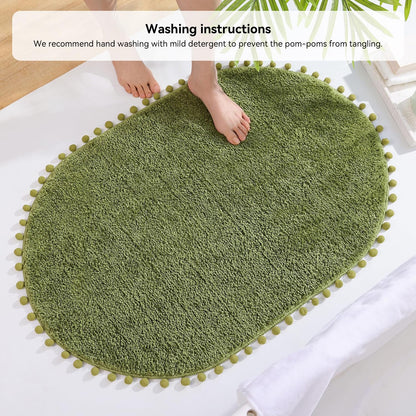 YIRDDEO Bath Mat Olive Green Oval Rug with Pom Bathroom Rugs for Bedroom Non Slip Cute Boho Absorbent Mats Soft Plush Washable Rug (24x36 inches)