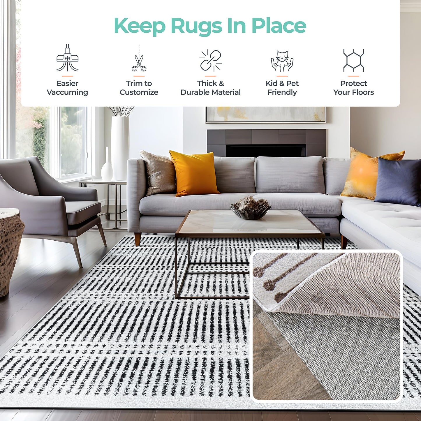 Rugshop Non Slip Rug Pad for Hardwood Floors, Tile Floors Thick Under Carpet Cushion Rug Pad 2' x 6' Cream