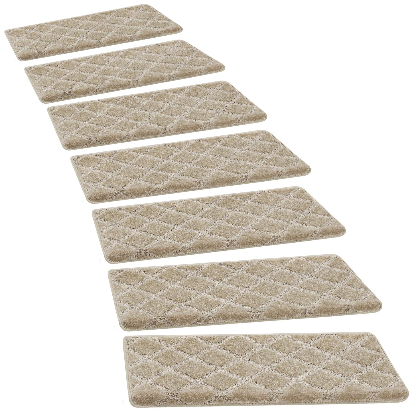 PURE ERA Bullnose Carpet Stair Treads Tape Free Non-Slip Indoor Stair Protectors Pet Friendly Stair Treads for Wooden Steps 9.5" x 30"(14 Pieces, Cream Gray Diamond Trellis)
