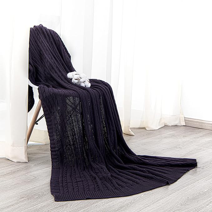 NTBAY 100% Pure Cotton Cable Knit Throw Blanket, Super Soft Warm 51x67 Knitted Throw Blanket for Couch, Sofa, Chair, Bed - Extra Cozy, Machine Washable, Comfortable Home Decor, Eggplant Purple